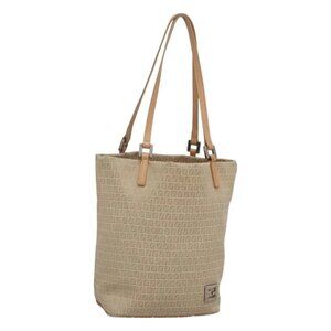 FENDI Zucchino Canvas Hand Bag Nylon Beige Silver Auth bs26890